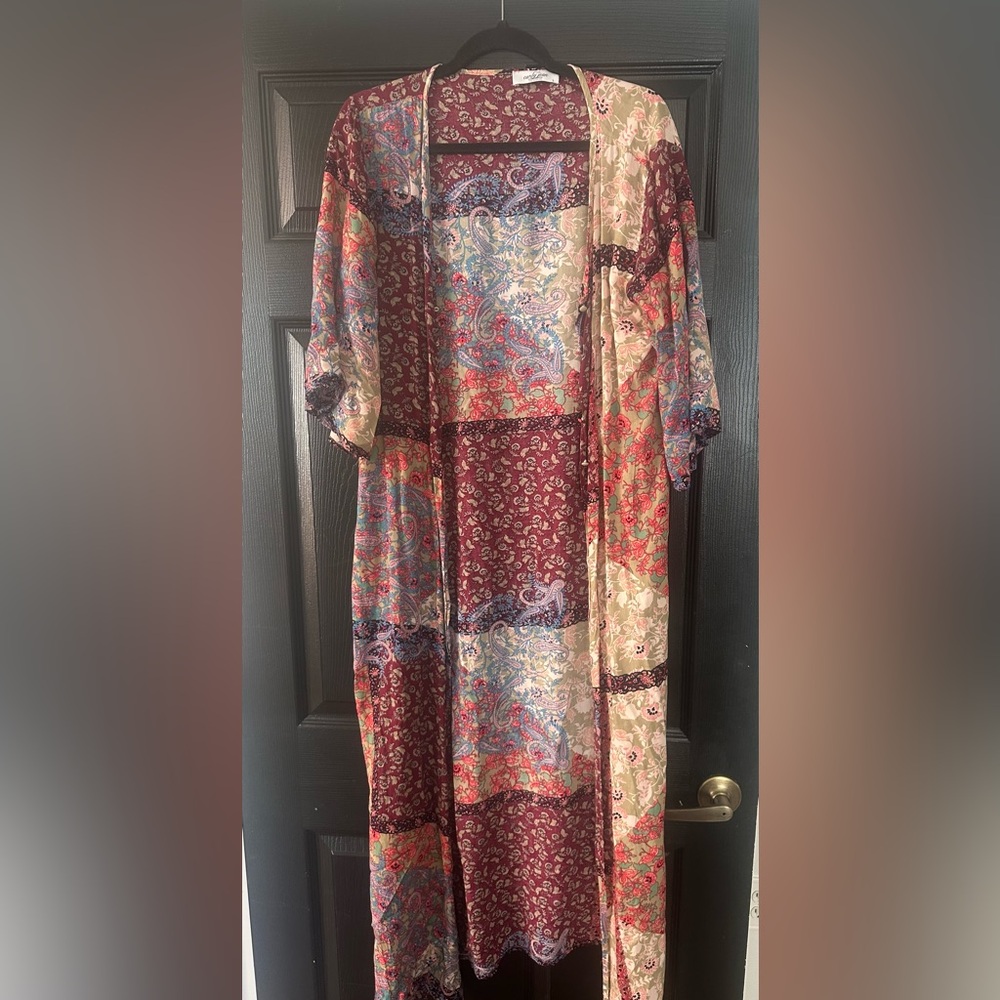 Carly Jean Red Maroon Cream Floral Boho Kimono
